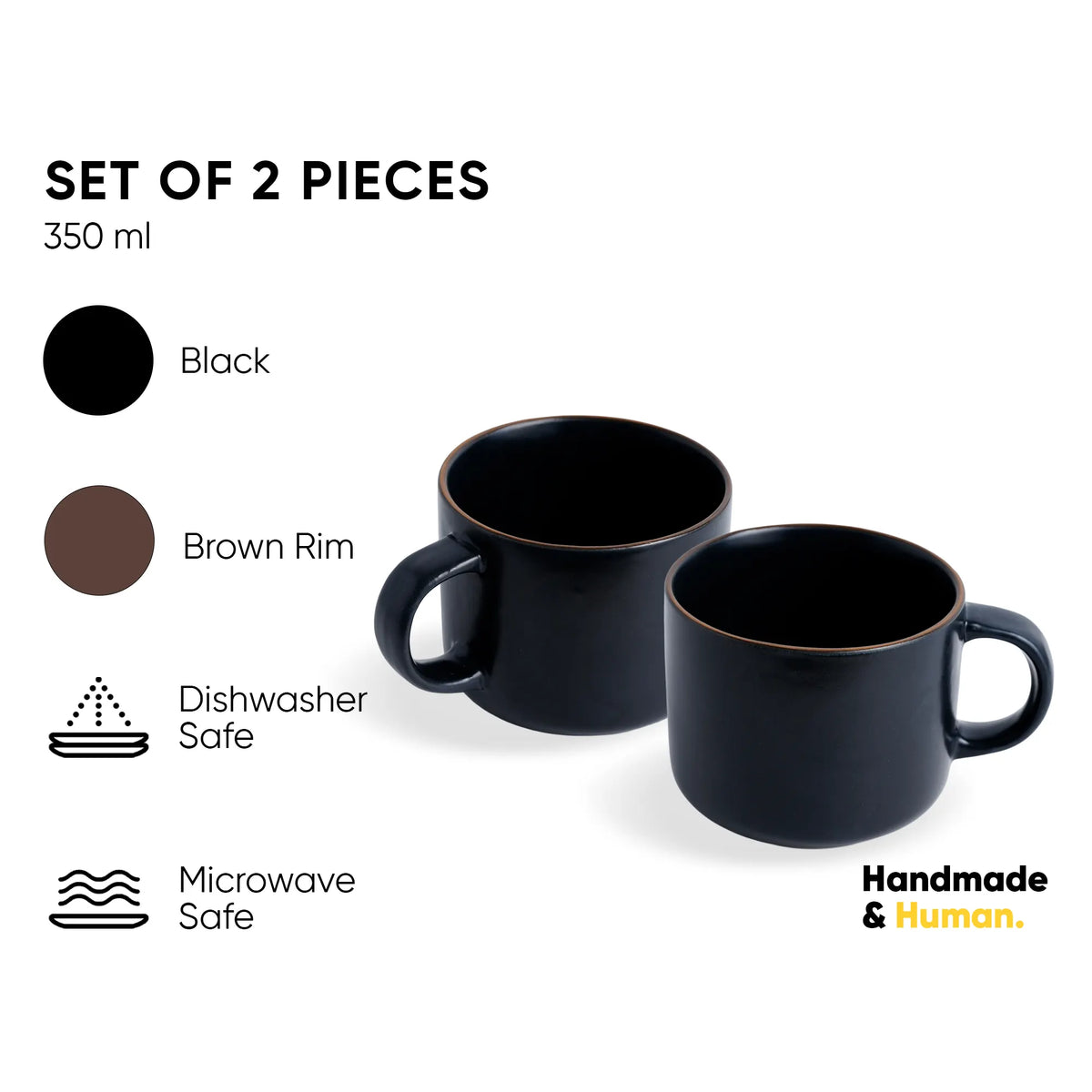 Two black mugs with a brown rim on a white background, featuring product details.