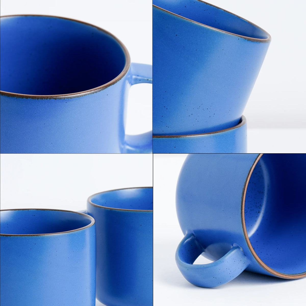 Collage of a blue ceramic mug with a brown rim on a white background