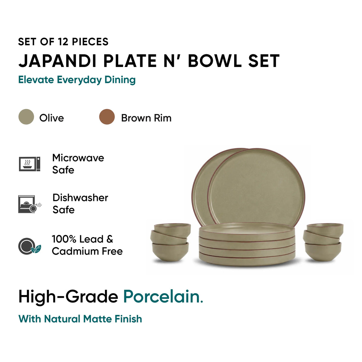 Ceramic Dinner Set | Japandi Collection | 12 Pieces | Olive | Matte Finish