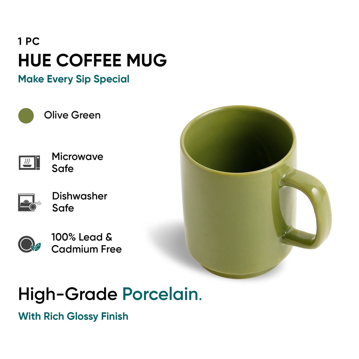 Green coffee mug with product details on a white background