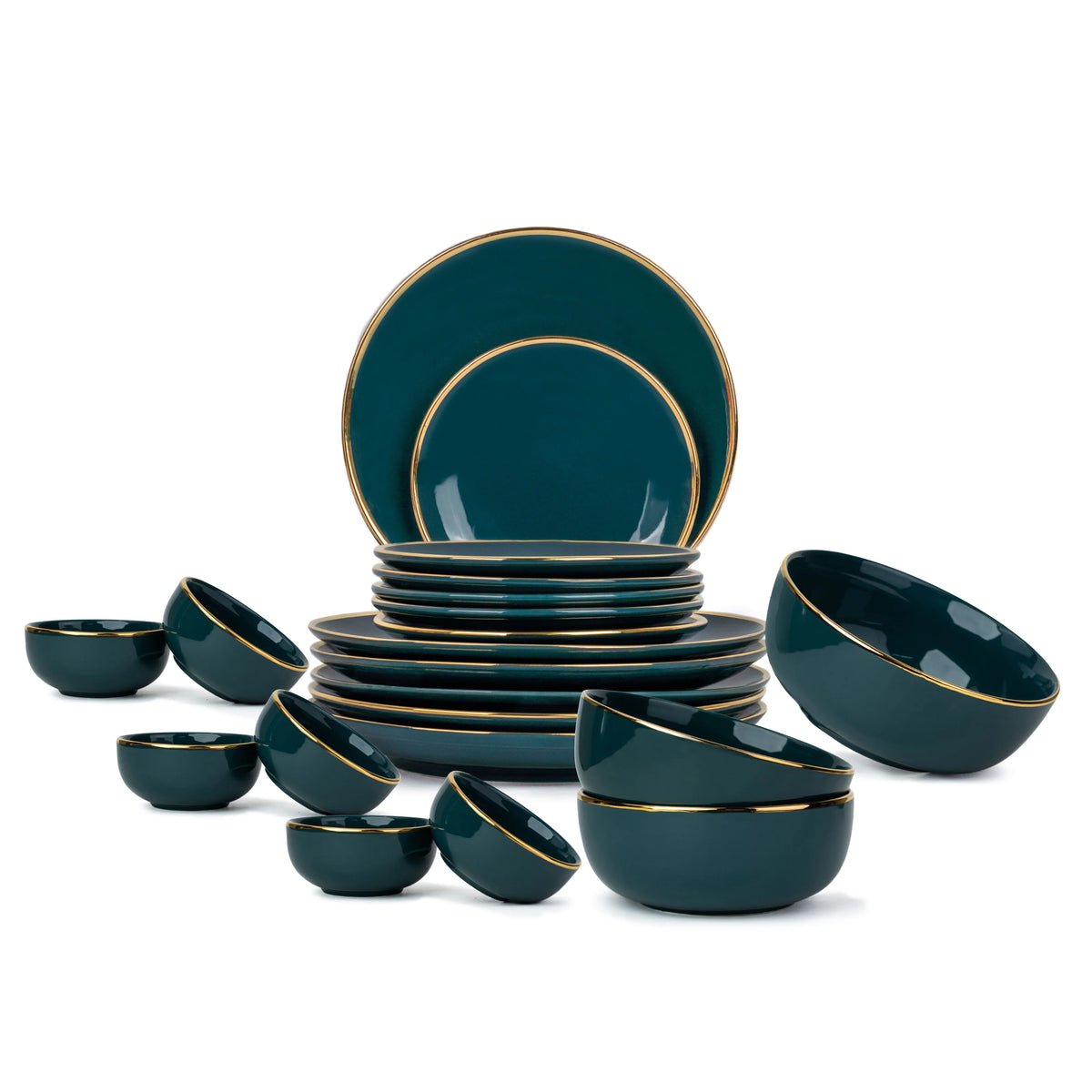 Set of teal ceramic dinnerware with gold rims on a white background
