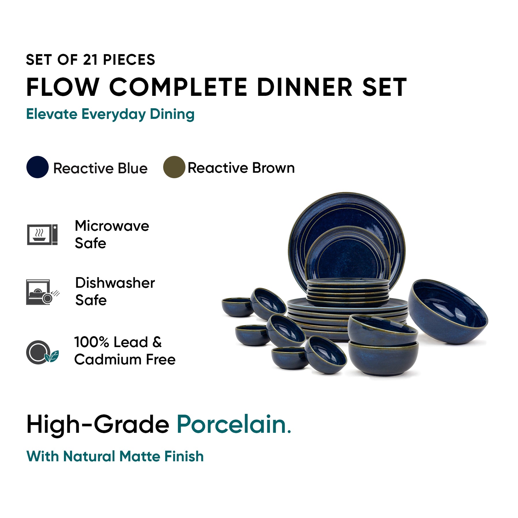 Ceramic Dinner Plates Set, 21 Pieces | Blue Self Reactive Collection