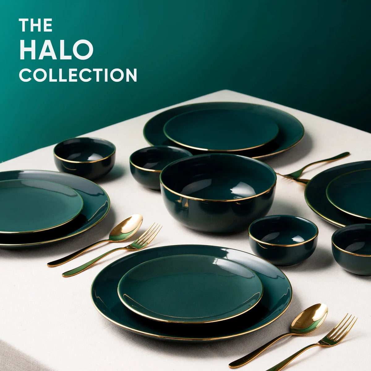 Green ceramic dinnerware set with gold trim on a white surface, branded 'The Halo Collection'.