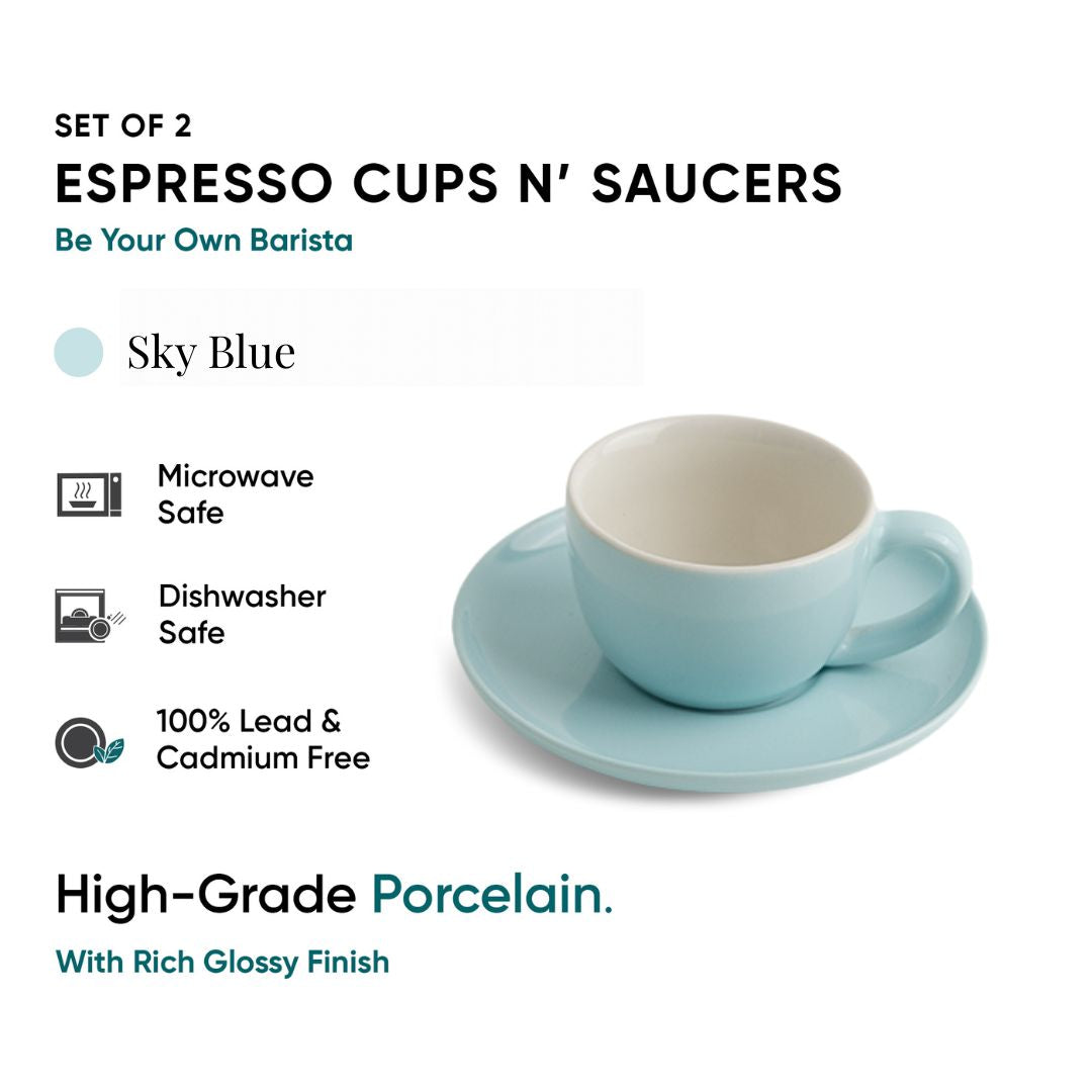 Ceramic Espresso Cup Saucer Set | Set of 2 | 100ml Light Blue