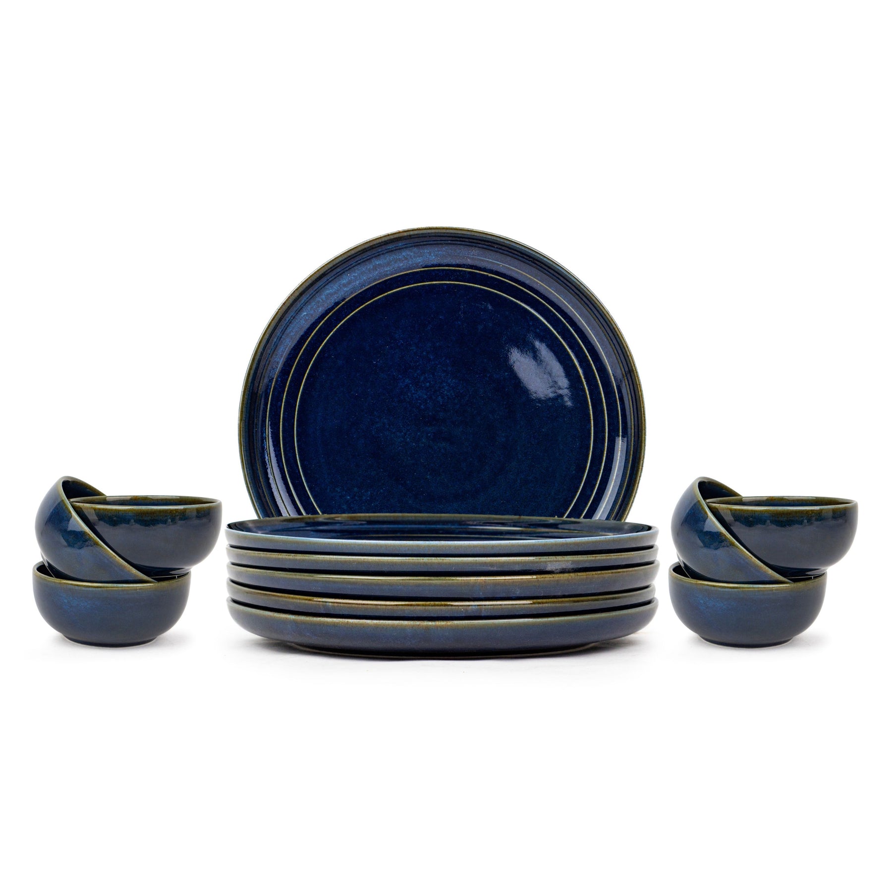 Shay Ceramic Dinner Plates Set, 12 Pieces | Blue Self Reactive Collection | Modern Tableware Online India