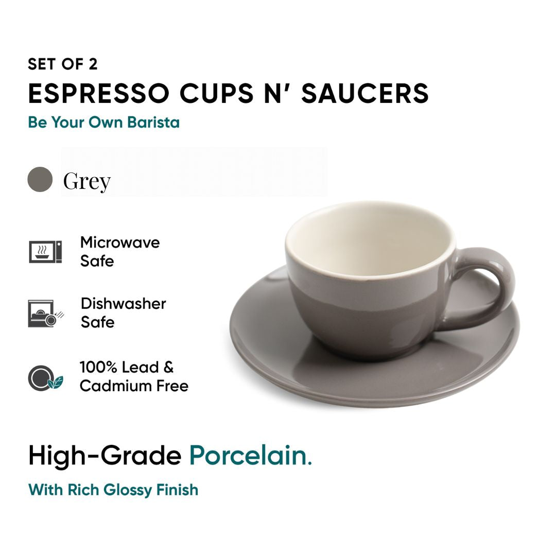 Ceramic Espresso Cup Saucer Set | Set of 2 | 100ml Grey