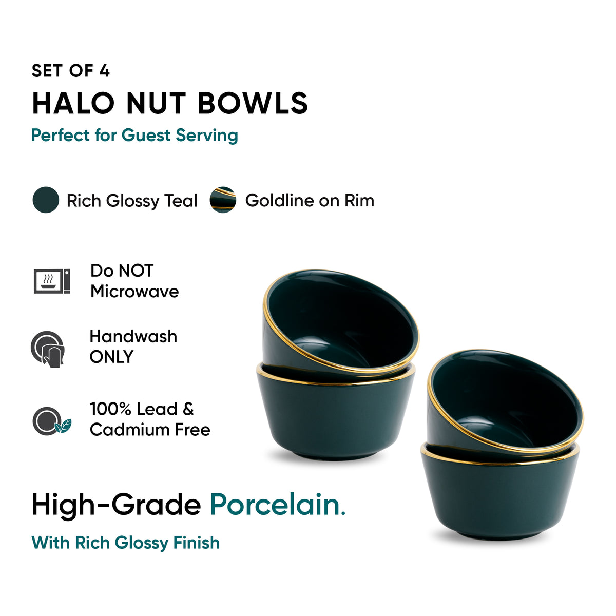 Teal Gold Ceramic Nut Bowls – Set of 4 | Gold Rim