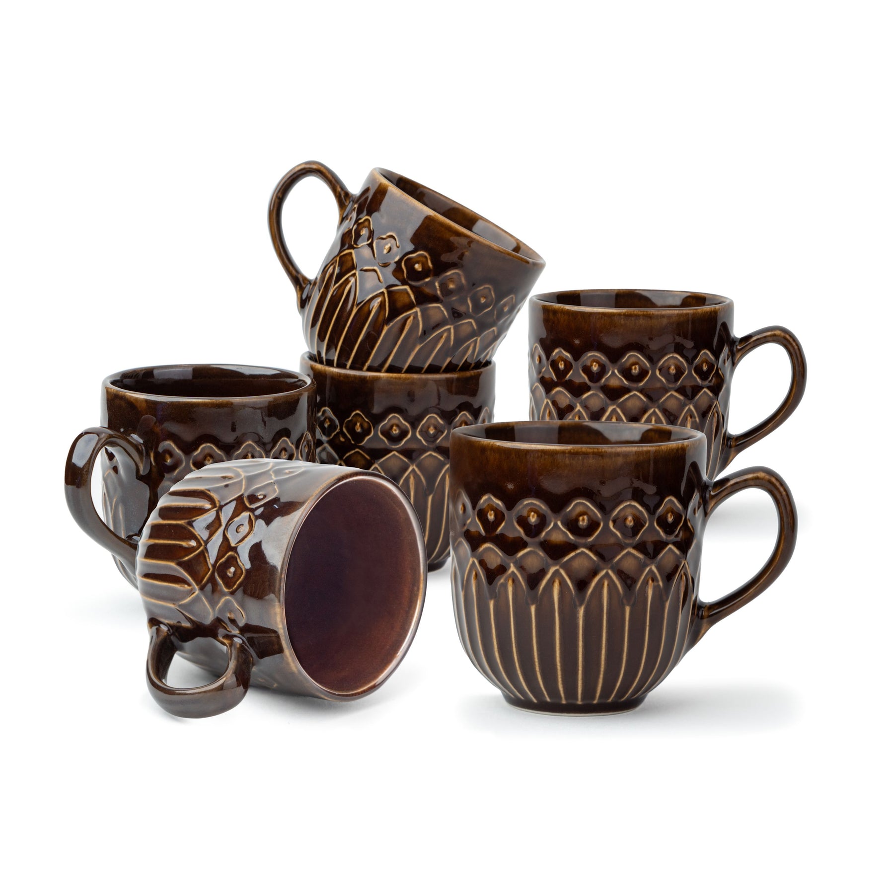 Shay Ceramic Coffee Mug Set, Set of 6, 330ml, Brown Carving | Carving Collection | Modern Tableware Online India
