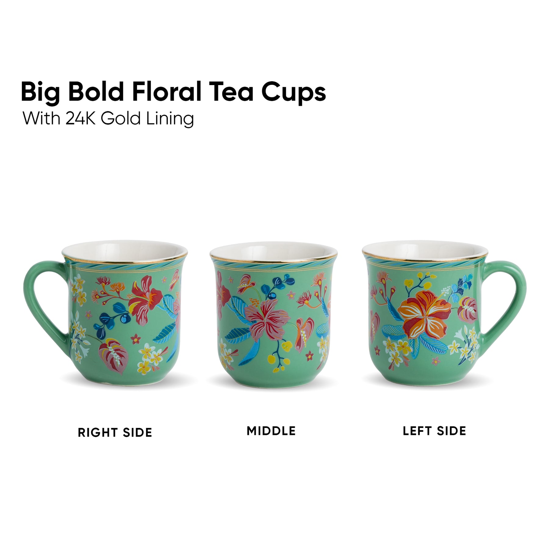 Ceramic Tea Cups Set of 6 Big Bold Floral Mint, 180ml