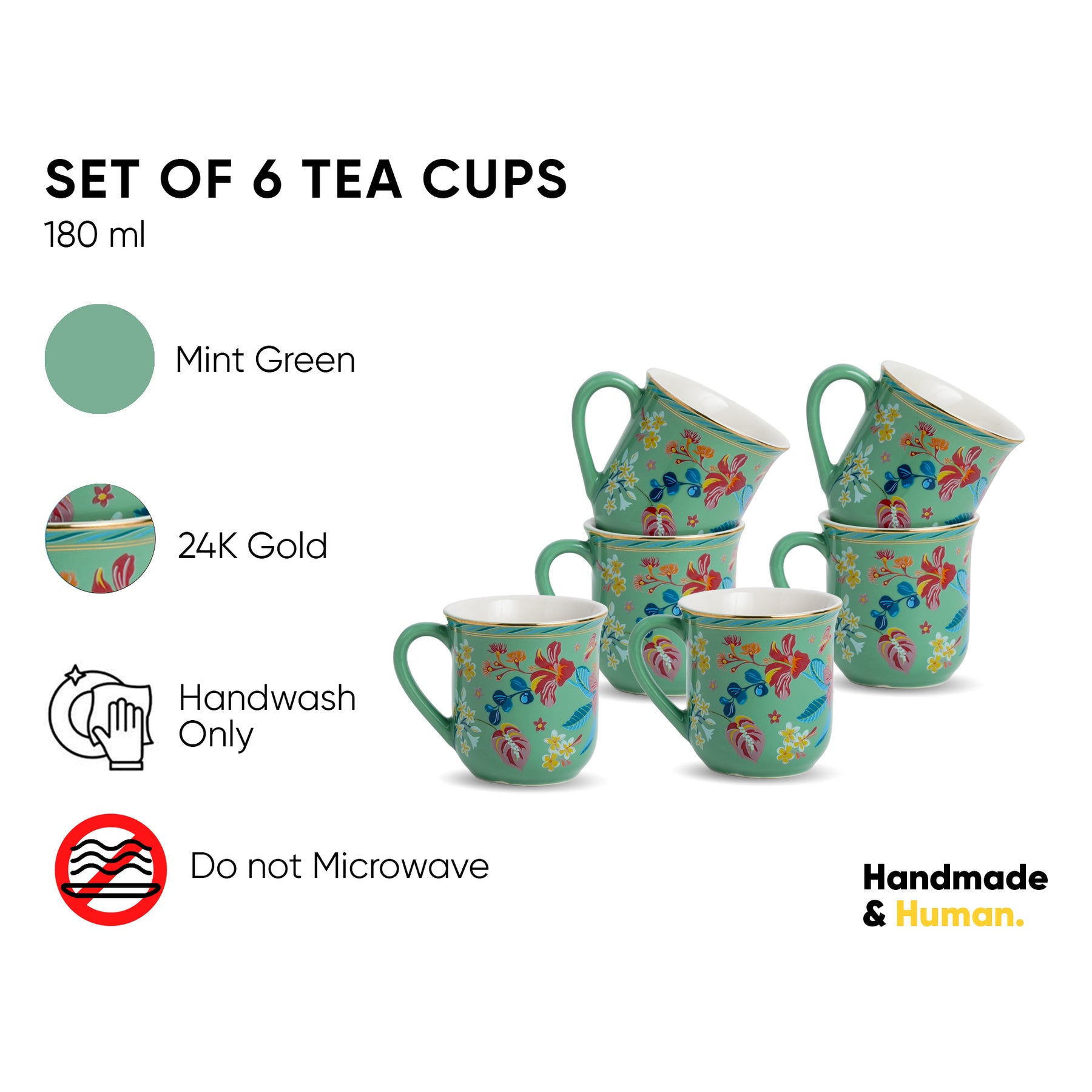 Ceramic Tea Cups Set of 6 Big Bold Floral Mint, 180ml