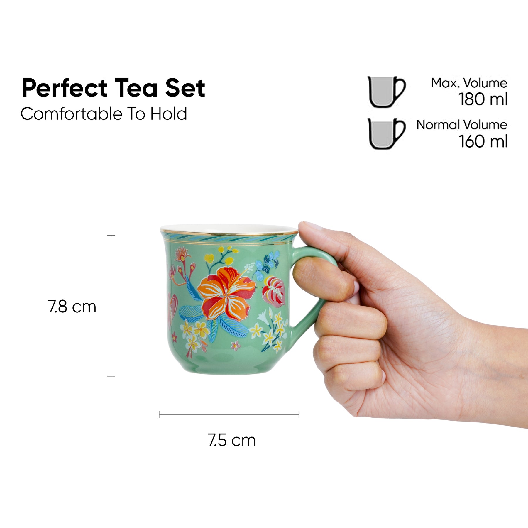 Ceramic Tea Cups Set of 6 Big Bold Floral Mint, 180ml