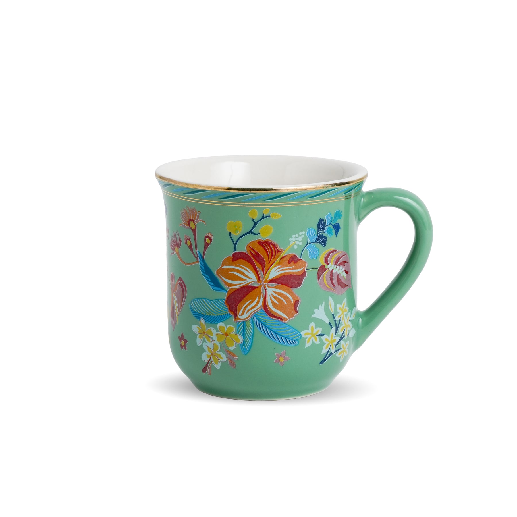 Ceramic Tea Cups Set of 6 Big Bold Floral Mint, 180ml