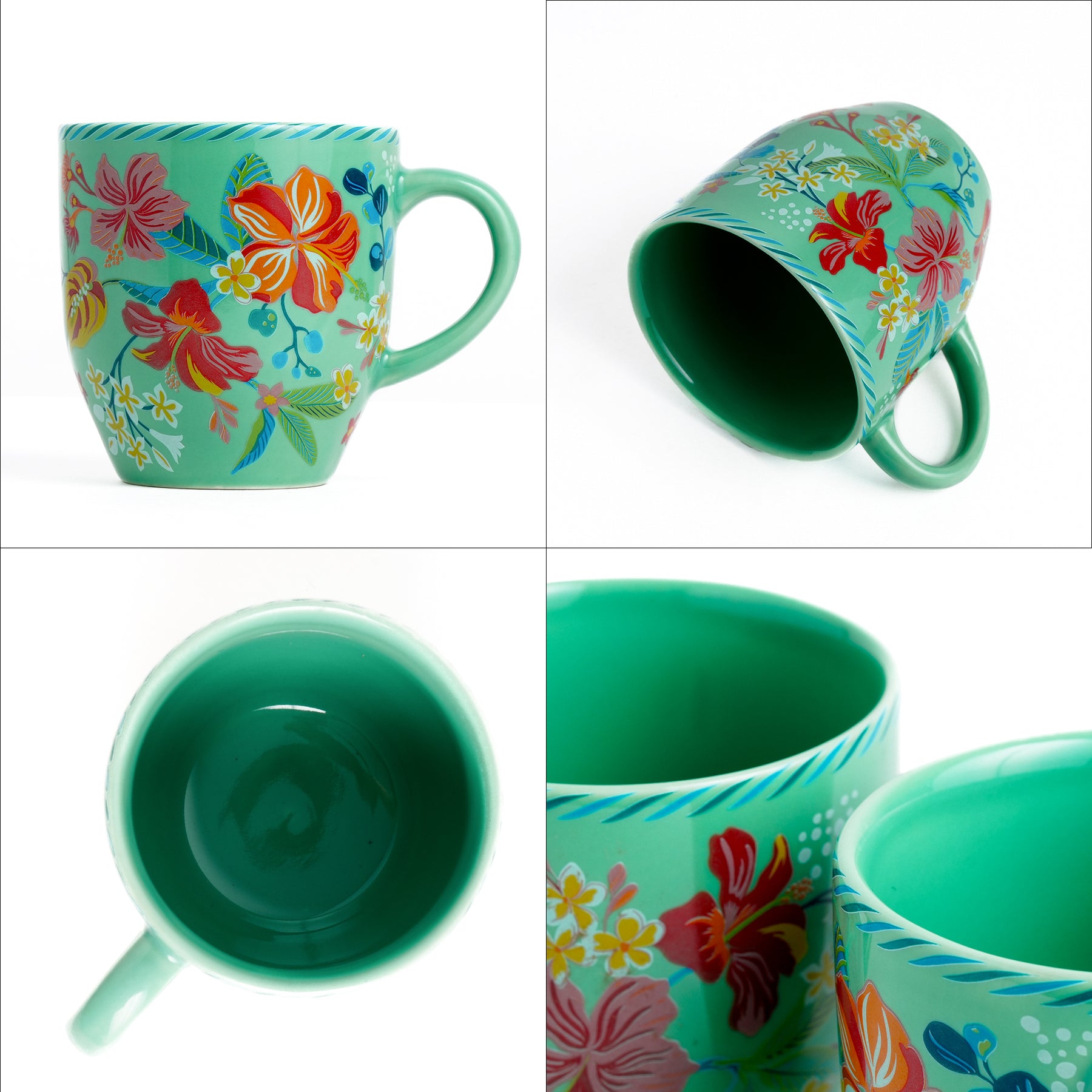 Ceramic Coffee Mugs Set of 6 Big Bold Floral Mint, 300ml