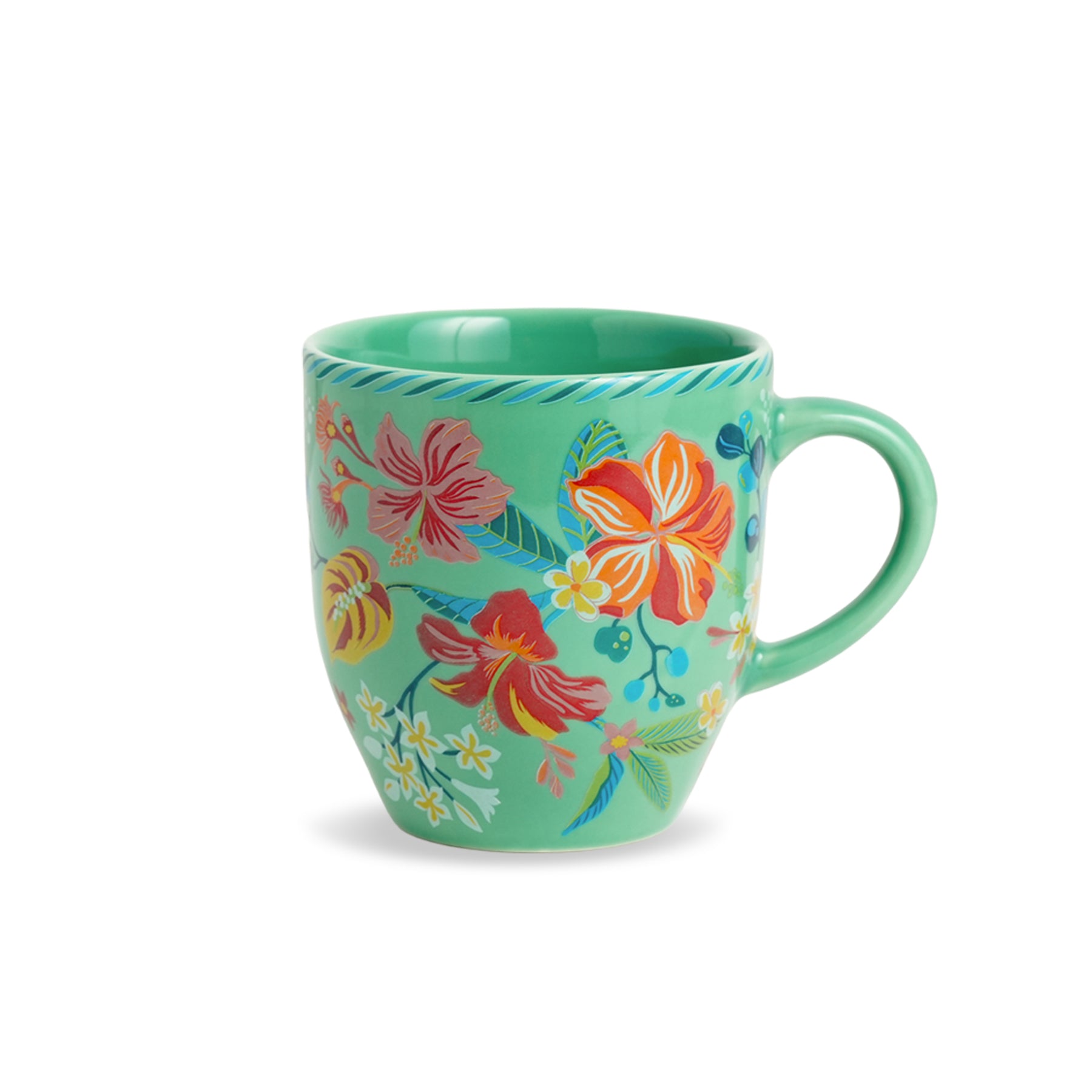 Ceramic Coffee Mugs Set of 6 Big Bold Floral Mint, 300ml