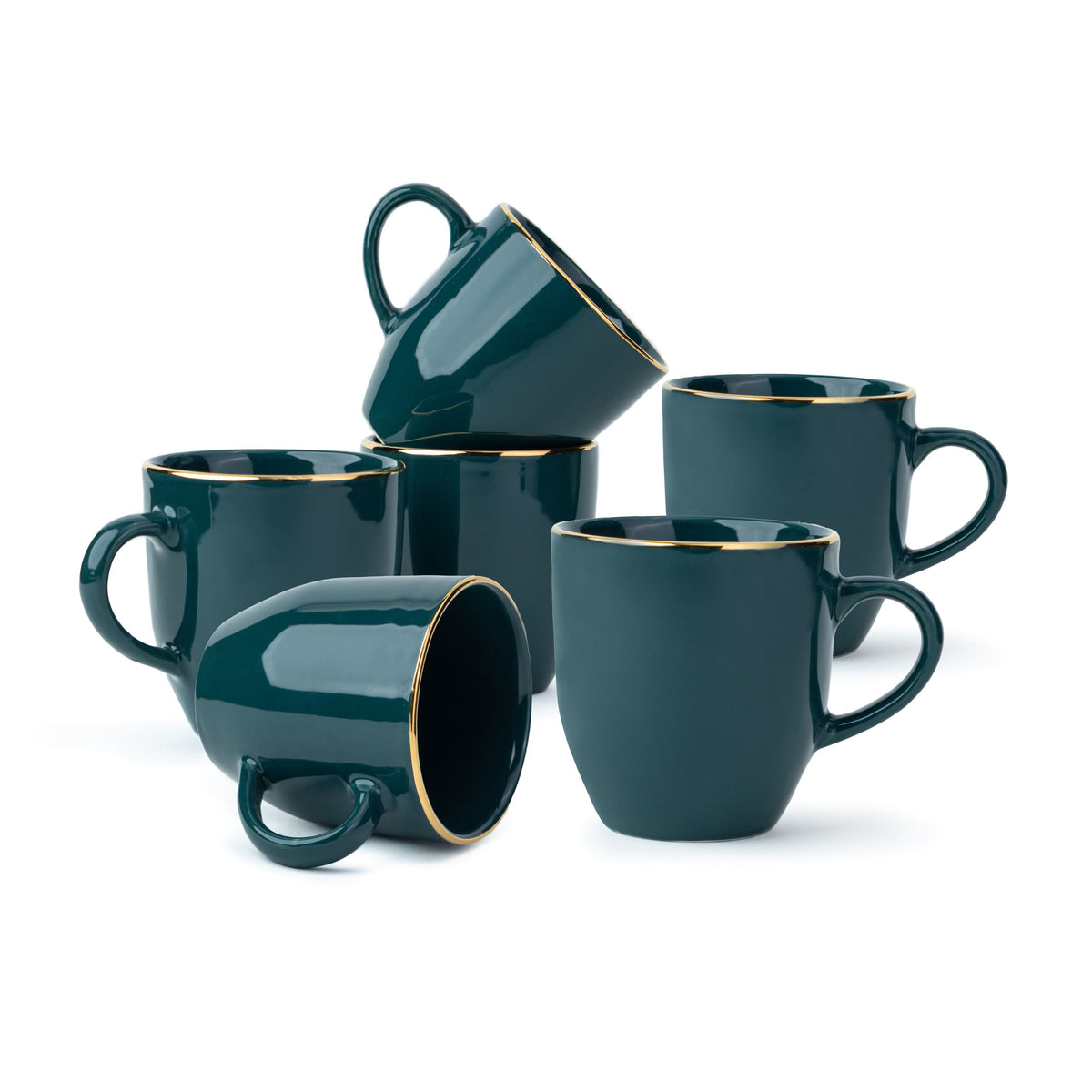 Ceramic Coffee Mug Set of 6, 300ml, Teal Gold | Gold Line Collection