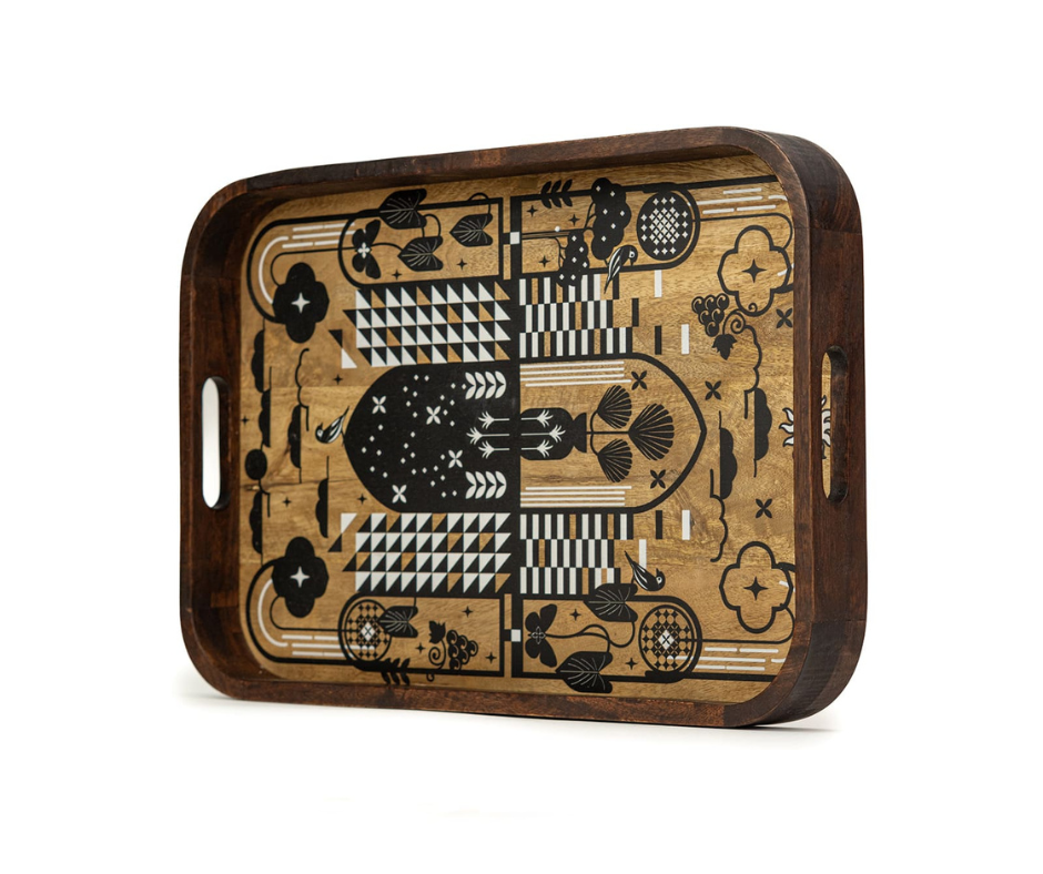 Wooden Serving Tray | Elegant & Durable Wood Tray for Serving Folk Floral Set of 1