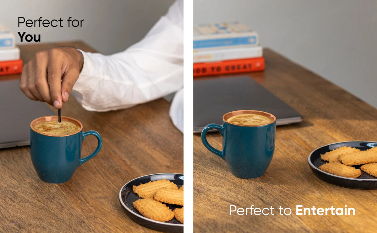 Two scenes showing a person dipping a cookie into a coffee mug and a table setting with cookies and a laptop.