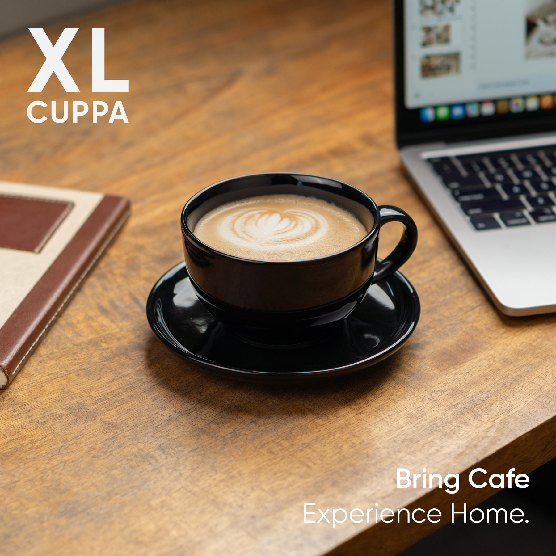 Large Black Ceramic Coffee Cup & Saucer Set 320ml | XL Cuppa Collection