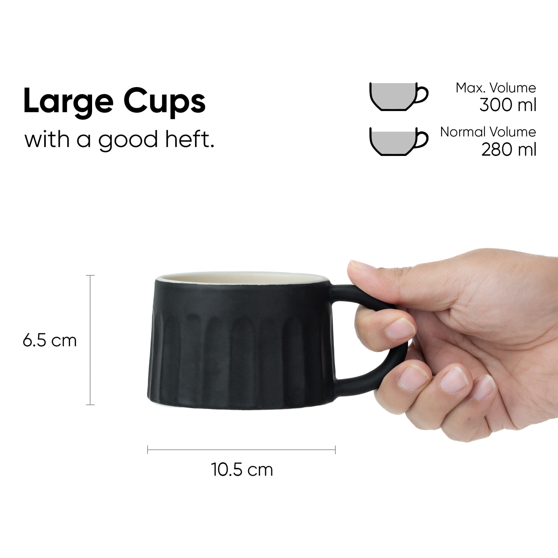 Ceramic Line Cappuccino Cup, Set of 2, Black, 300ml | Coffee Cup | Matte Finish | Large Cup for Coffee | Ceramic Cup | Premium Stoneware Coffee Cup