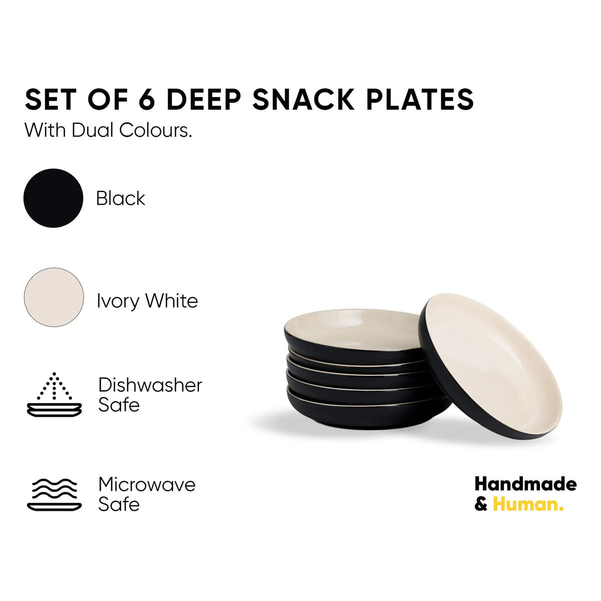 Set of 6 deep snack plates with dual colors on a white background, featuring black and ivory white.