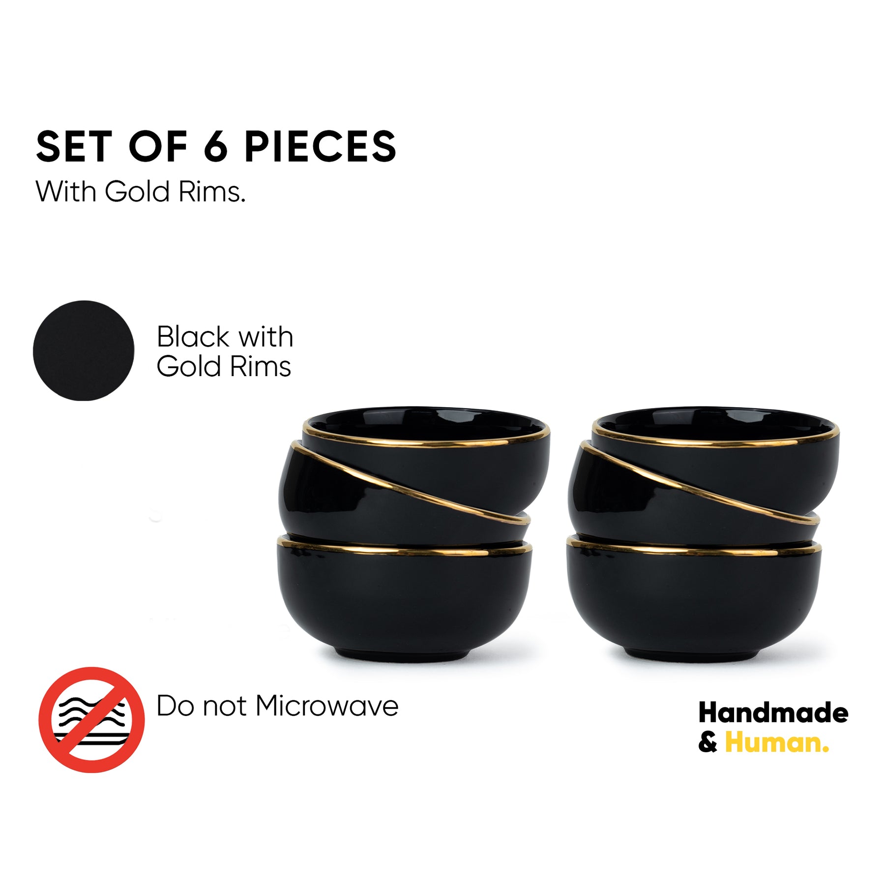 Ceramic Veg Bowls Set of 6 for Dinner | 180ml | Glossy Finish | Premium Ceramic | Gold Rim | Gold Line Collection | Multipurpose Katori Set