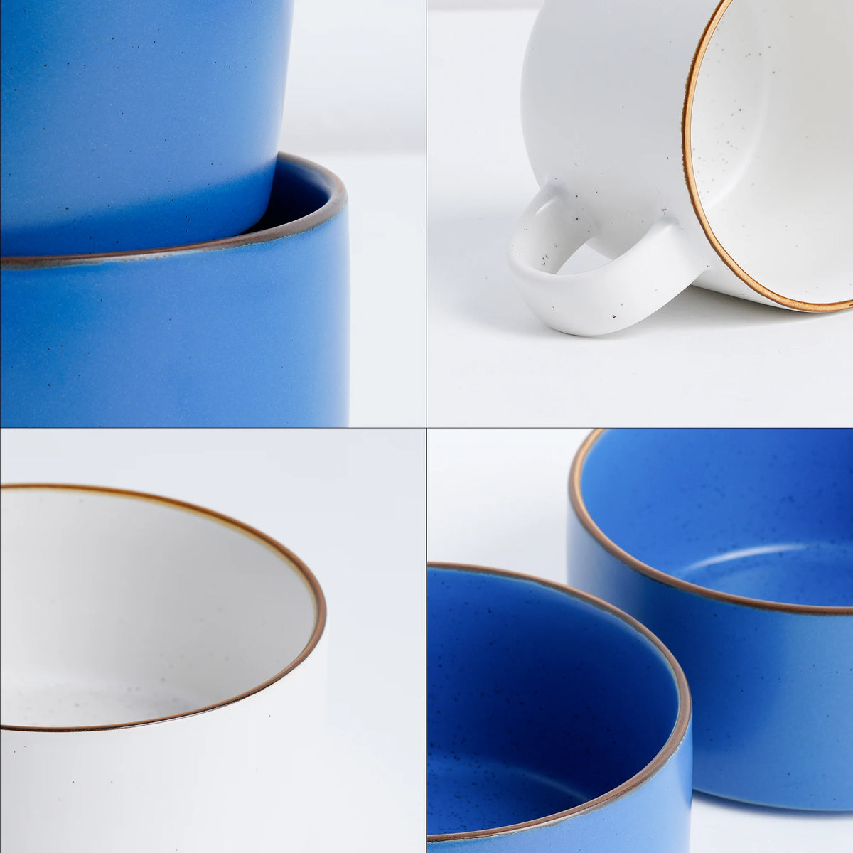 Collage of blue and white ceramic mugs with gold rims on a white background