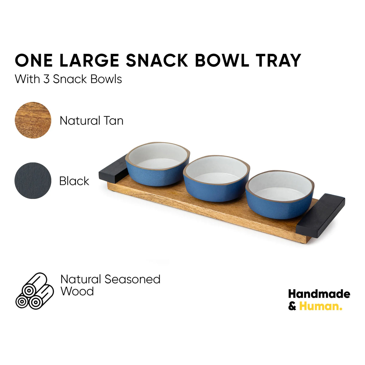 Snack bowl tray with three blue bowls on a wooden tray, labeled 'Handmade & Human'.