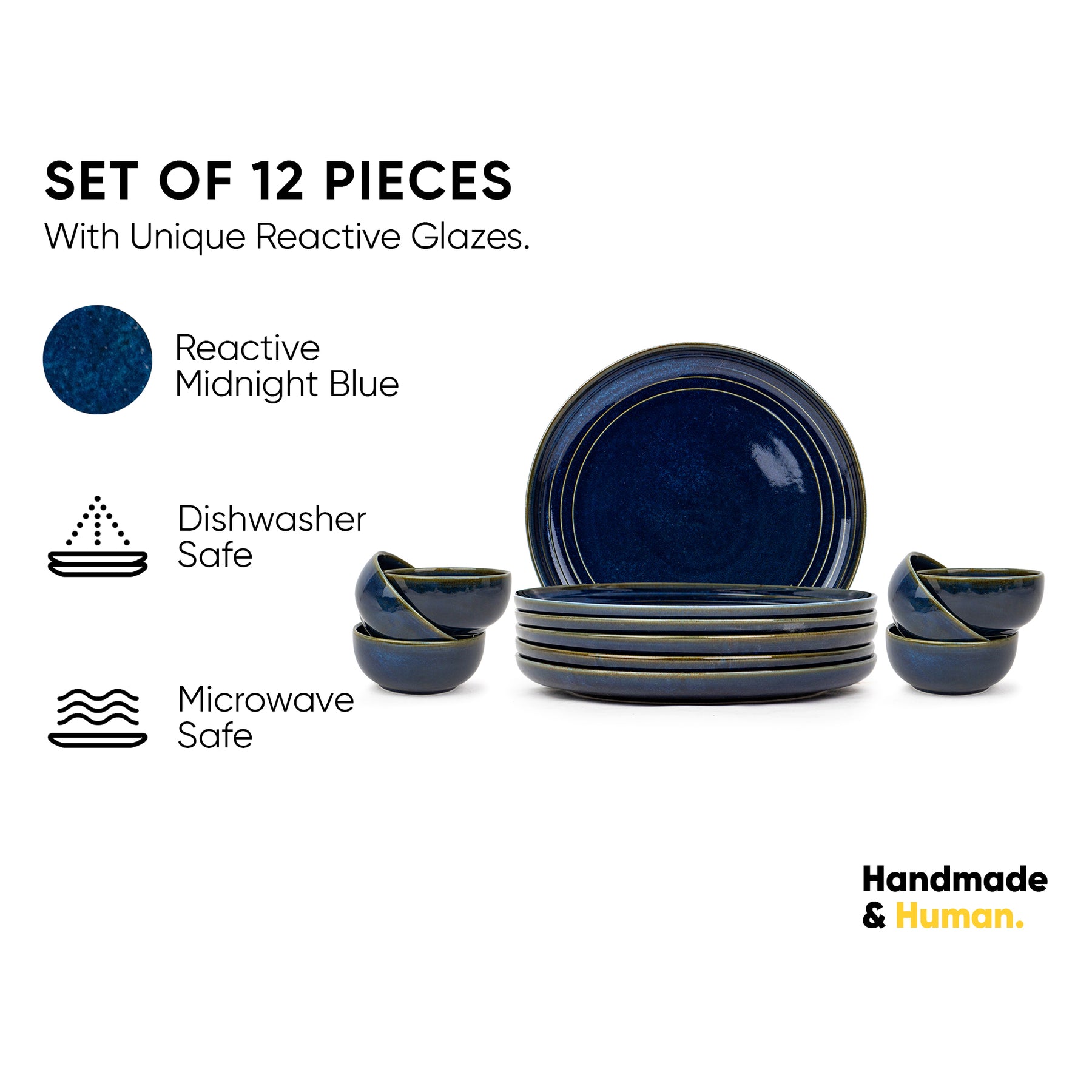 Ceramic Dinner Plates Set, 12 Pieces | Blue Self Reactive Collection | Glossy Finish