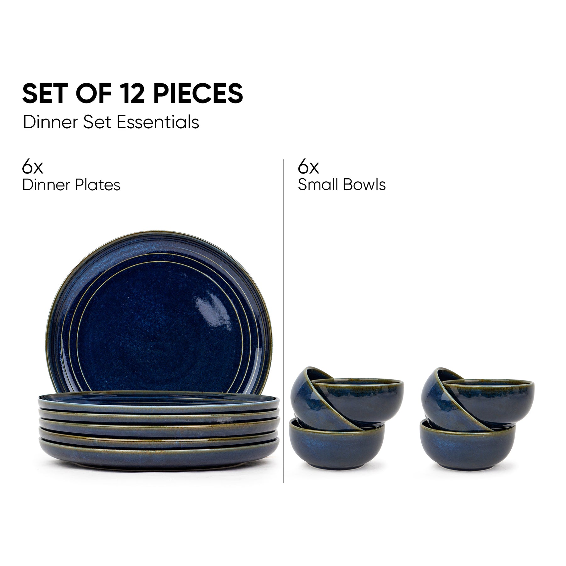 Ceramic Dinner Plates Set, 12 Pieces | Blue Self Reactive Collection | Glossy Finish