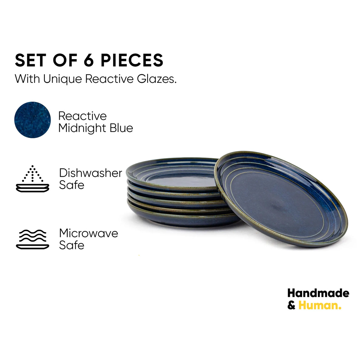 Set of 6 reactive glaze plates with Midnight Blue color on a white background