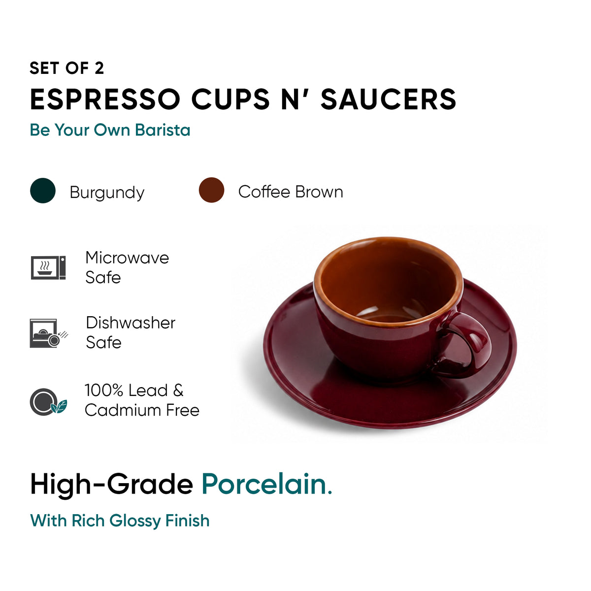 Ceramic Espresso Cup Saucer Set | Set of 2 | 100ml Burgundy