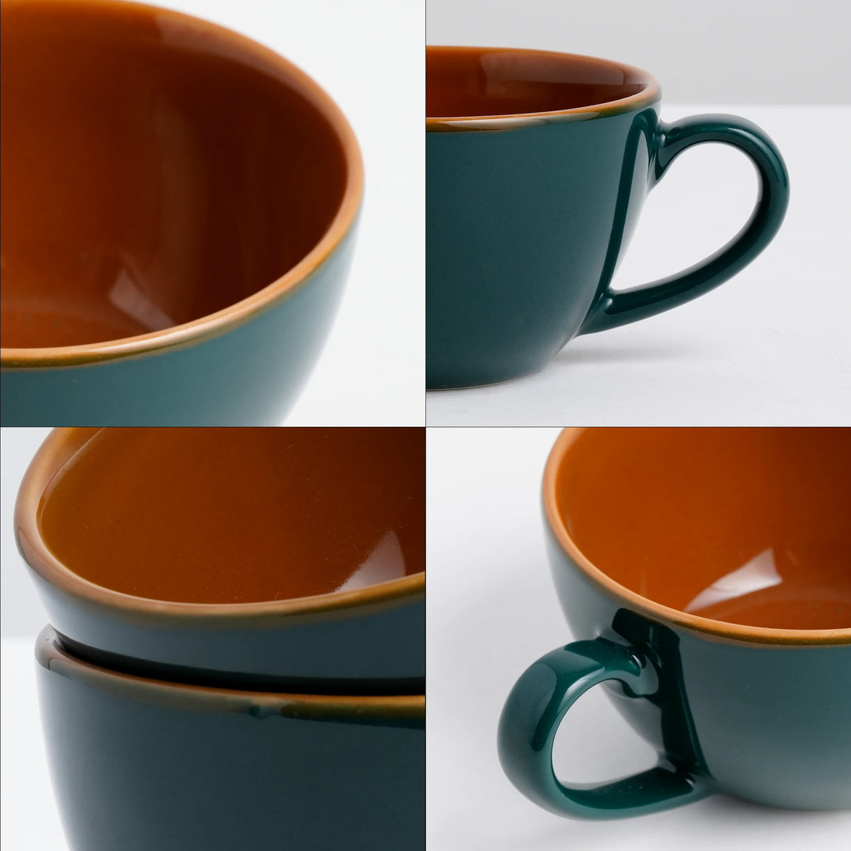 Collage of two mugs, one brown and one green, on a white background.