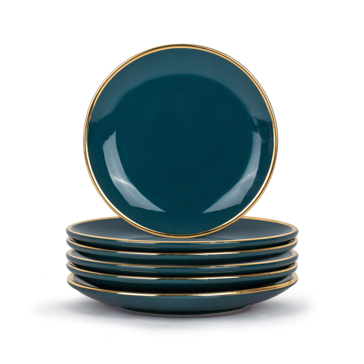 Set of five teal plates with gold rims on a white background