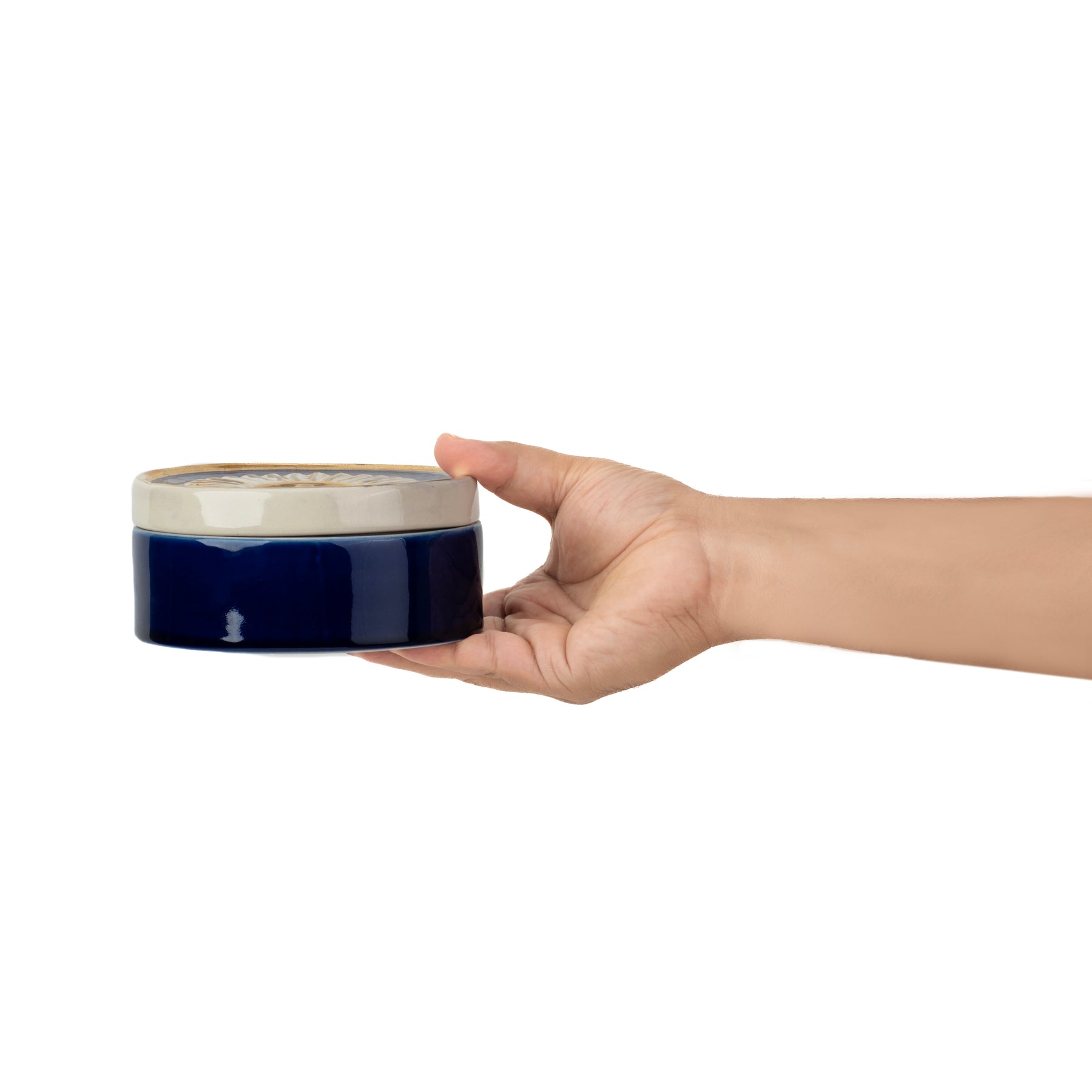 Ceramic Cookie Jar, 1 Pc, Blue White and Gold | Glossy Finish | Premium Hamsa Decor Collection