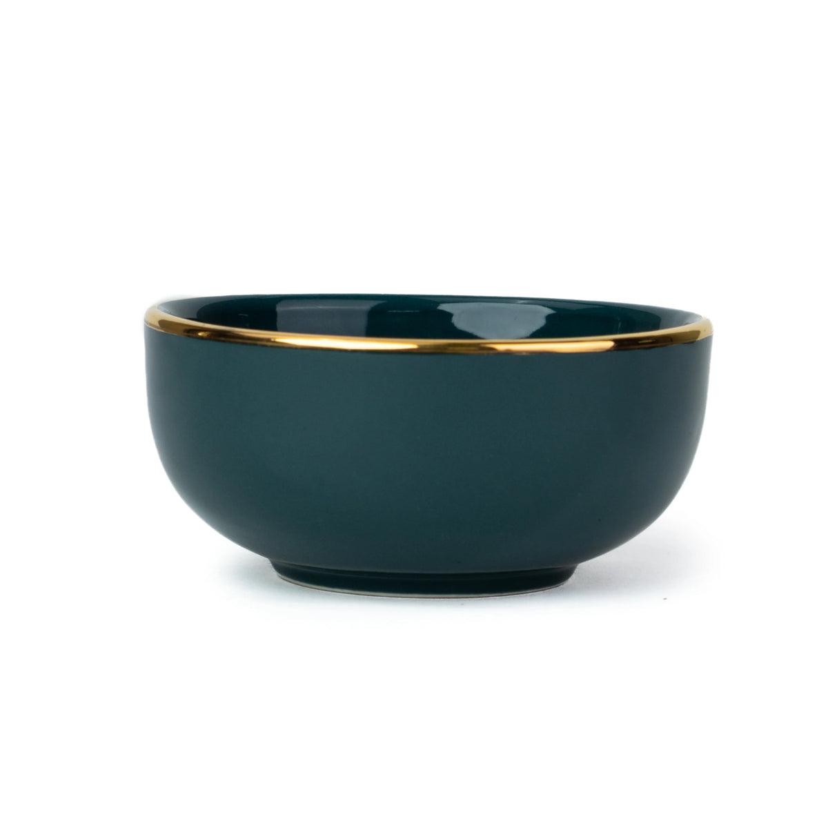 Dark green bowl with gold rim on a white background