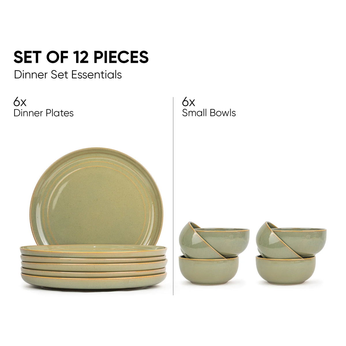 Set of 12 ceramic dinnerware pieces including 6 dinner plates and 6 small bowls on a white background.