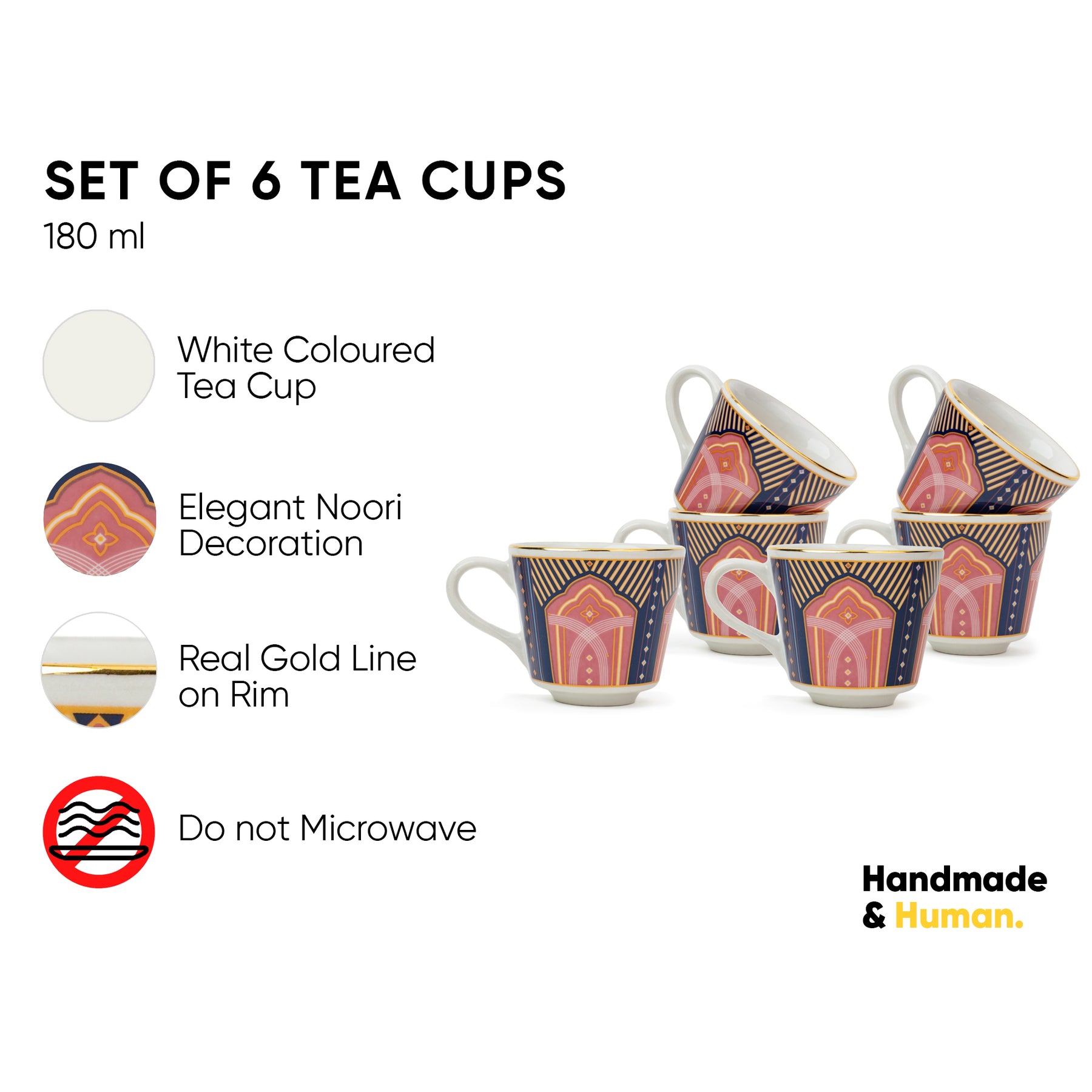 Ceramic Tea Cup Set of 6, 180ml, Decorative Decal Collection