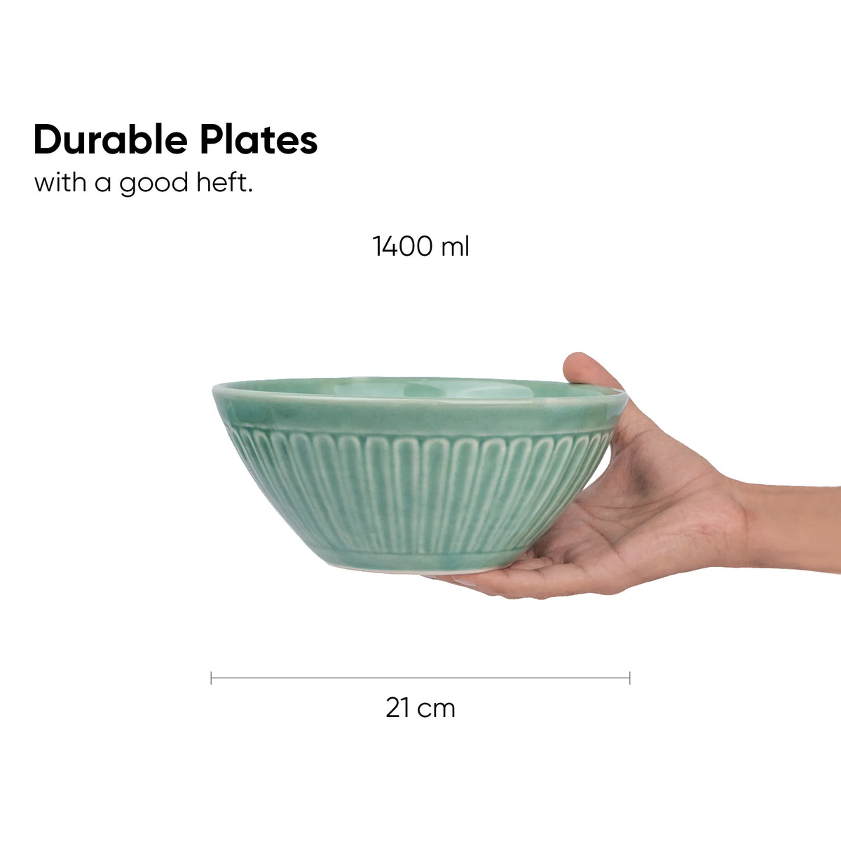 Hand holding a green ceramic bowl with text about durability and capacity.