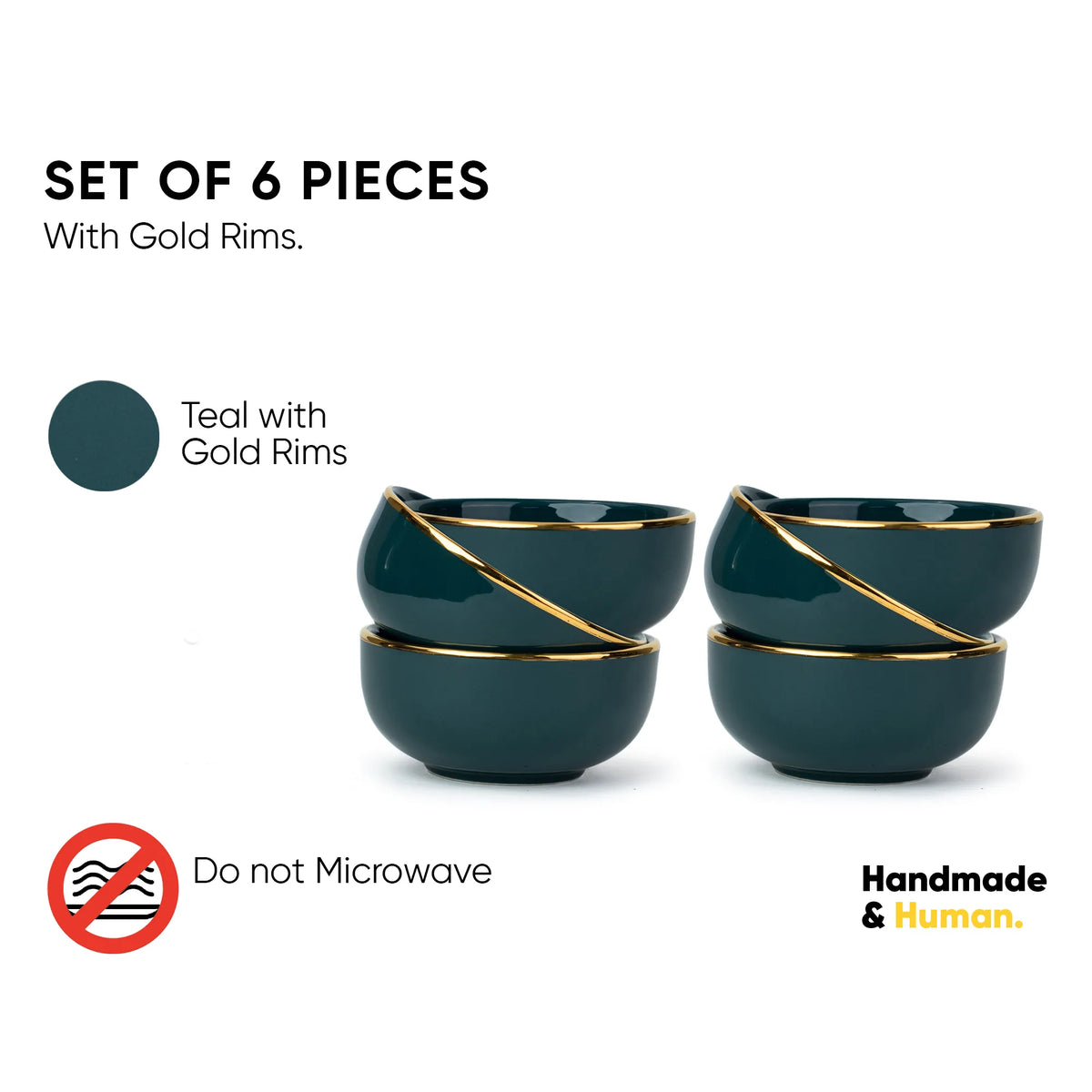 Ceramic Veg Bowls Set of 6 for Dinner | 180ml | Teal with Gold Rim | Gold Line Collection