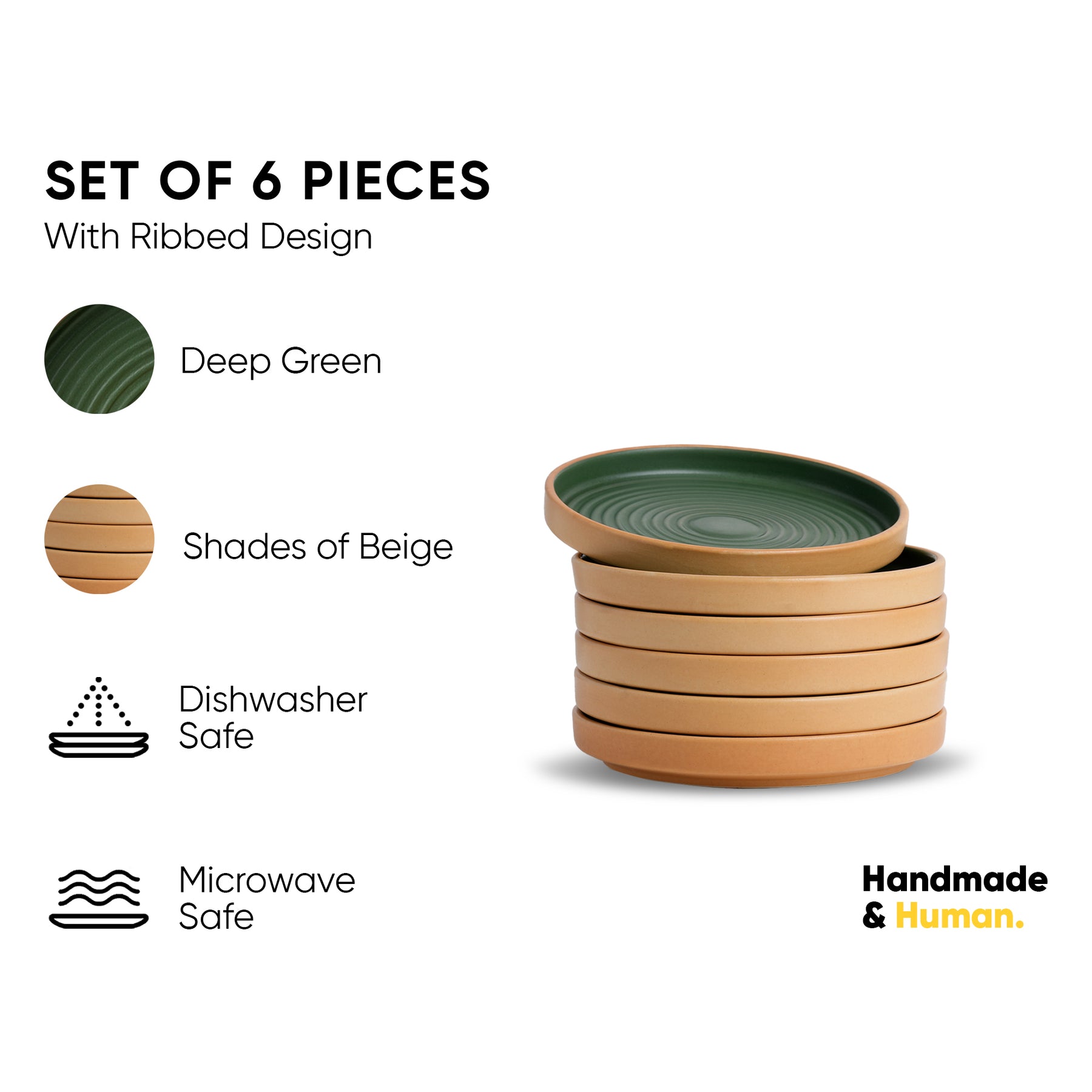 Ceramic Quarter Plates Set – 6 Pieces | Klay Green