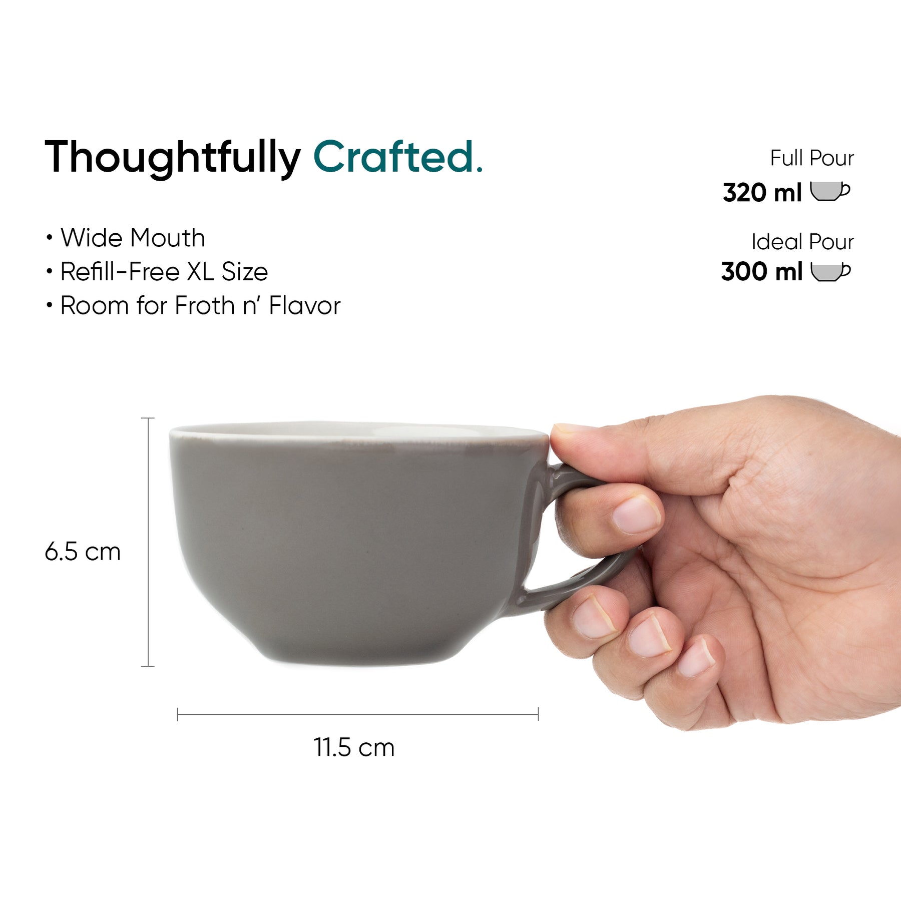 Large Grey Ceramic Coffee Cup & Saucer Set 320ml | XL Cuppa Collection