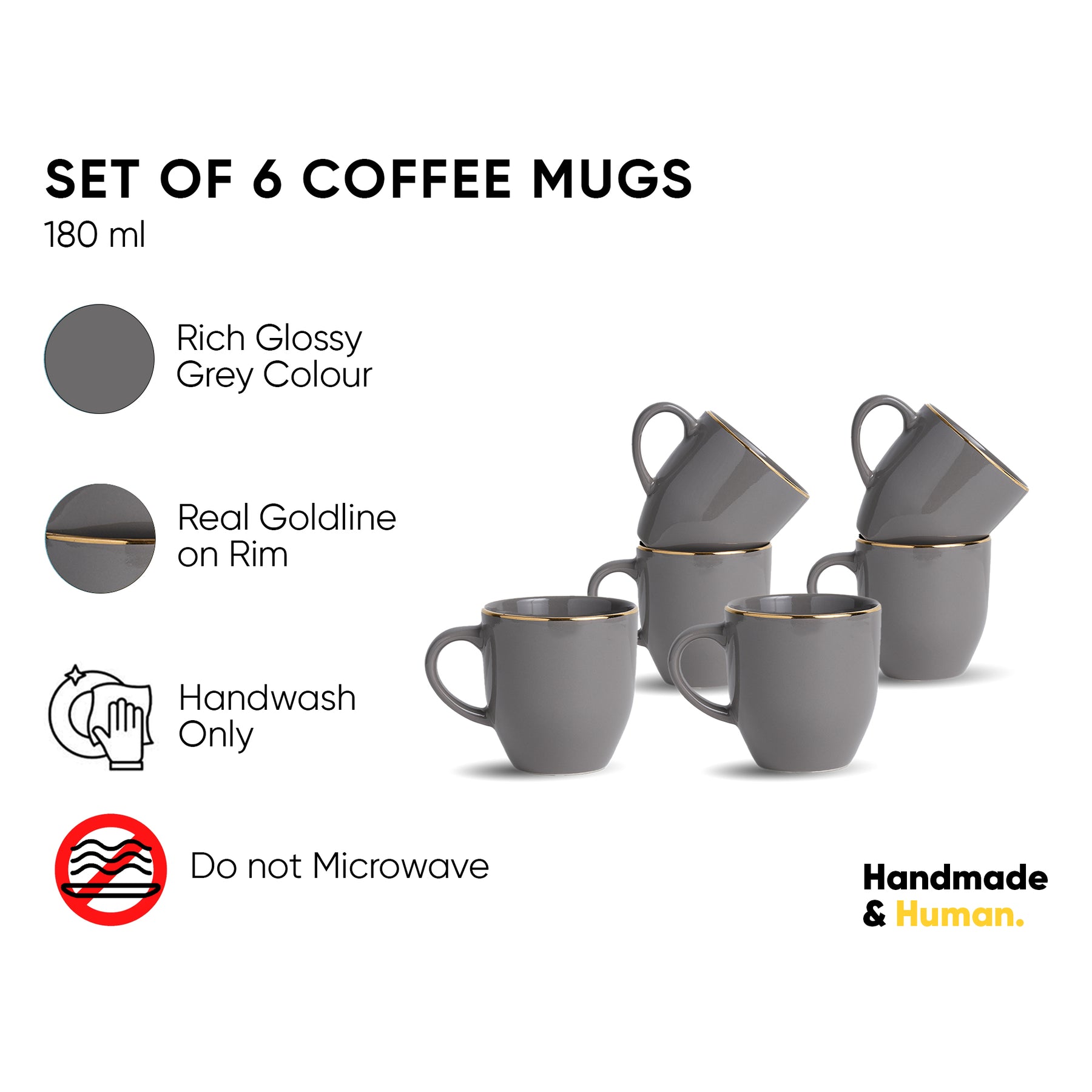 Ceramic Coffee Mug Set of 6 Grey Gold, 300ml