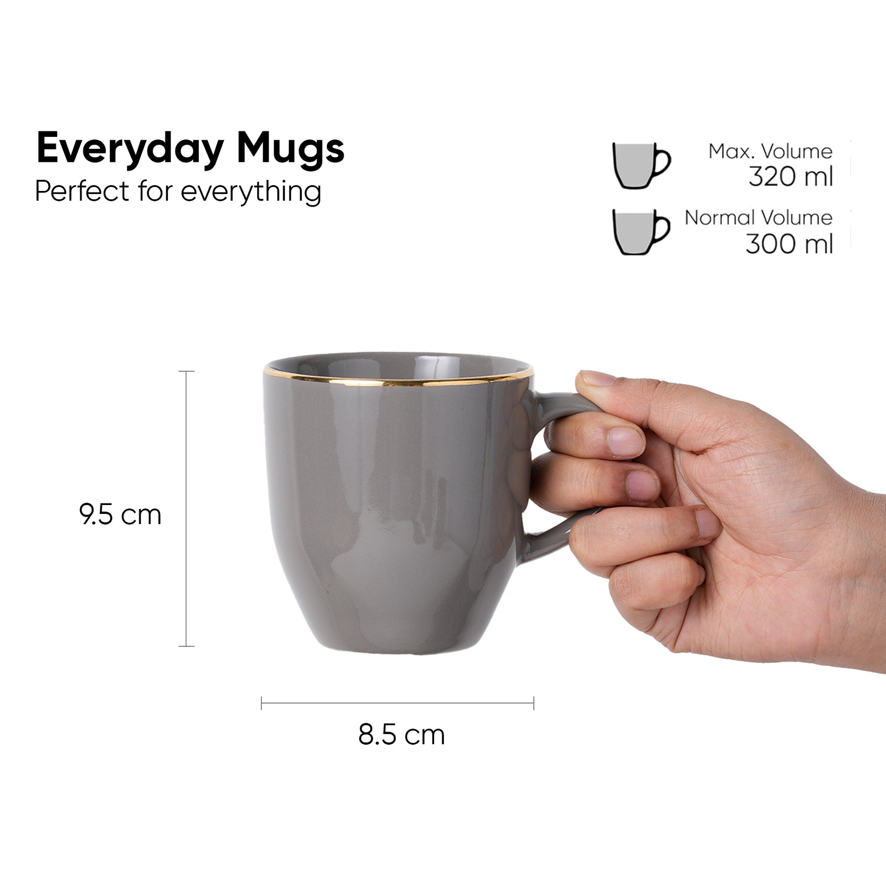 Ceramic Coffee Mug Set of 6 Grey Gold, 300ml