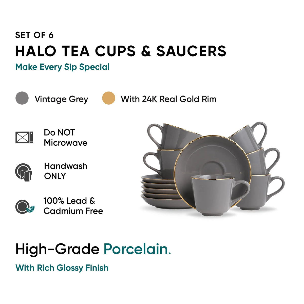Ceramic Tea Cup & Saucer Set Set of 6 | Grey with Real Gold Line | 180ml