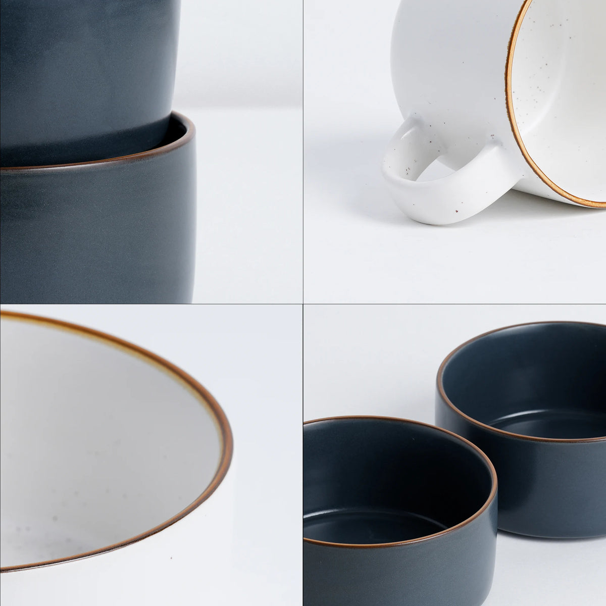 Collage of ceramic bowls with gold rims on a white background