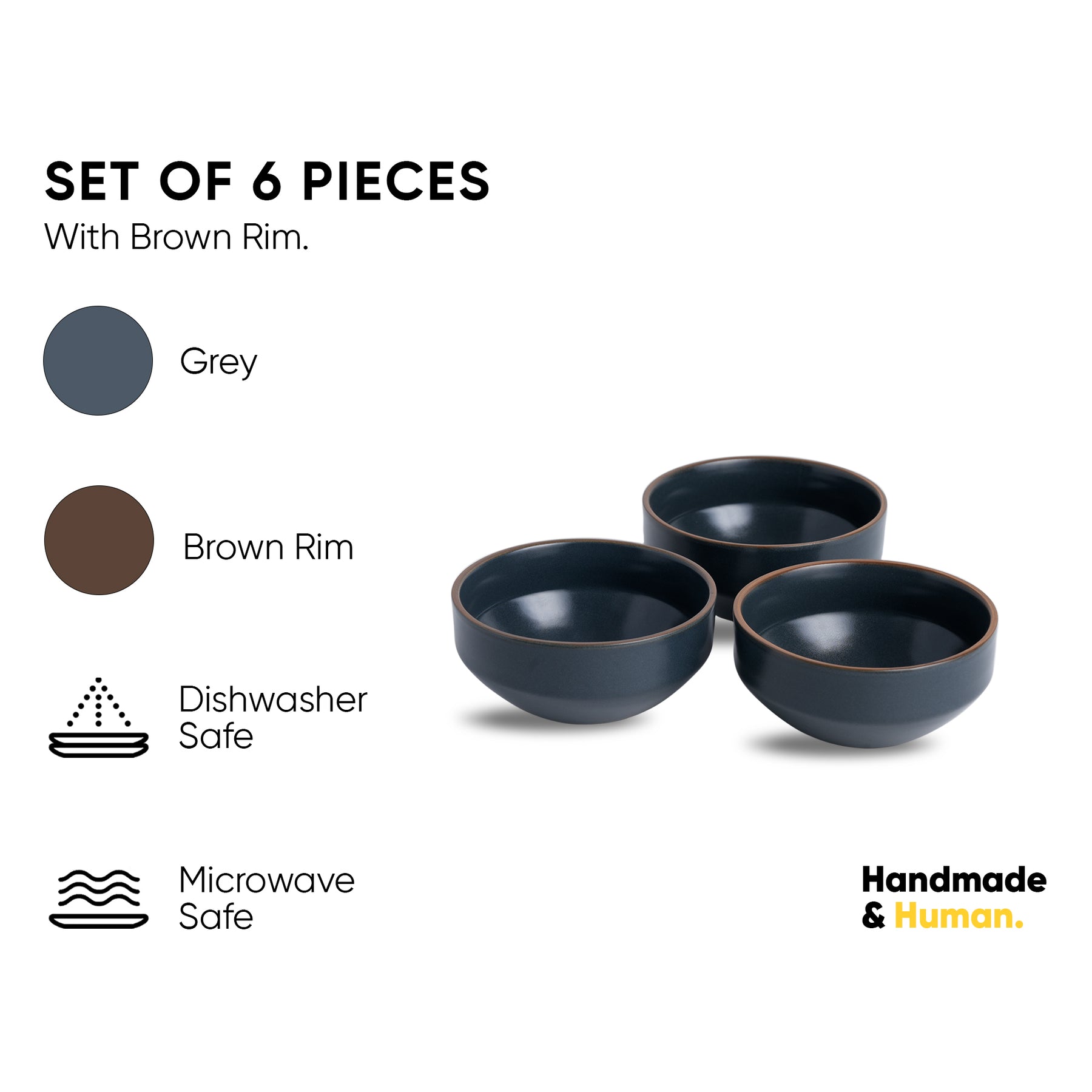 Ceramic Veg Bowls Set of 6 for Dinner | 180ml | Matte Finish | Premium Ceramic | Grey | Japandi Collection | Multipurpose Katori Set
