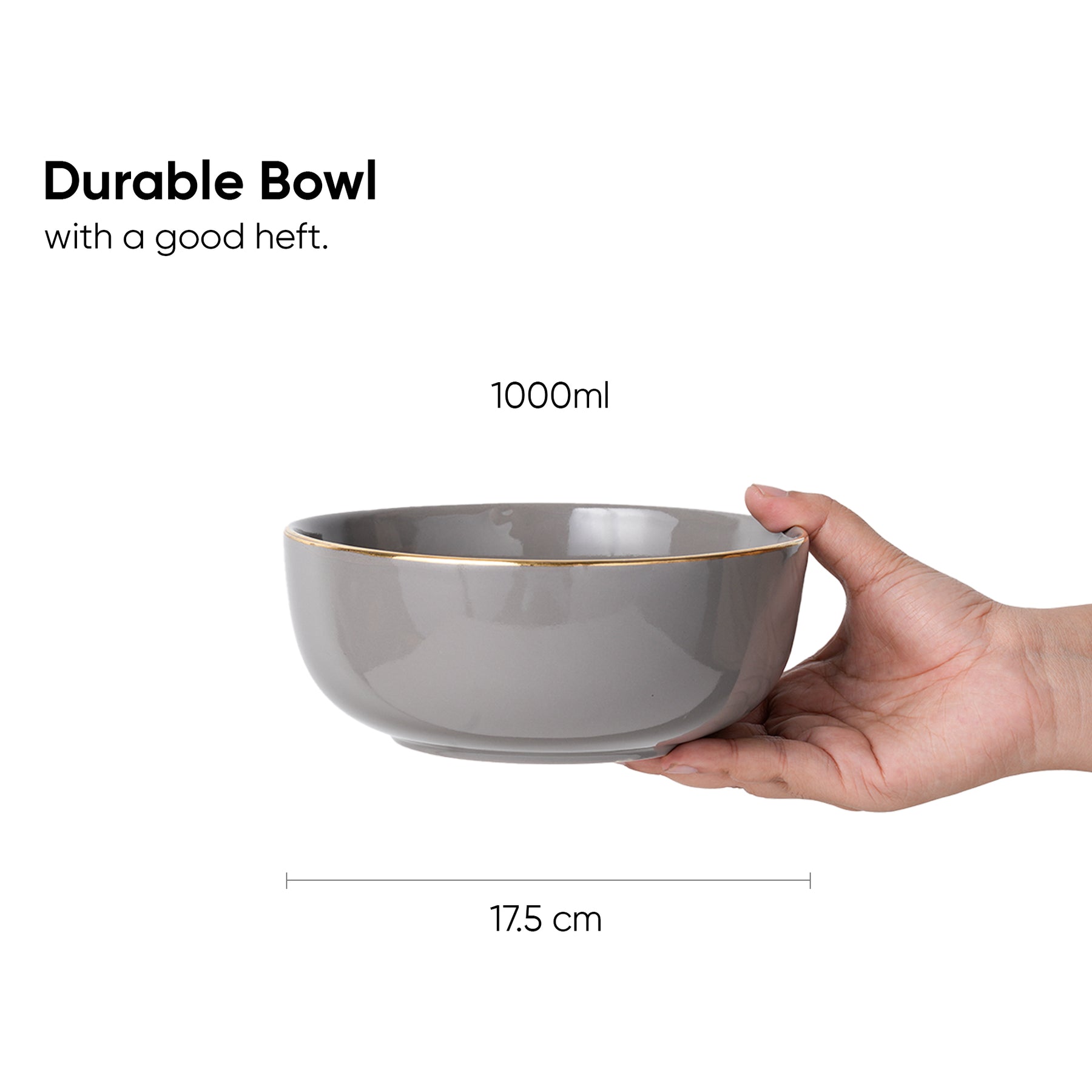 Ceramic Serving Medium Bowls Set of 2, 1000ml – Grey Gold | Glossy Finish | Premium Ceramic | Goldline Collection