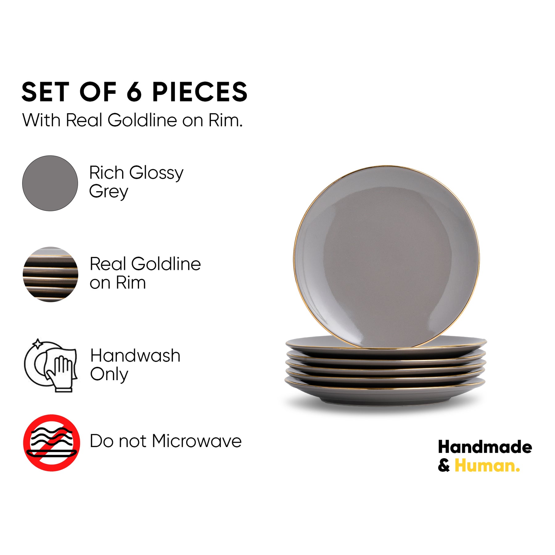 Quarter Plates Set of 6, Grey Gold Goldline Series | Glossy Finish | Snack Plates