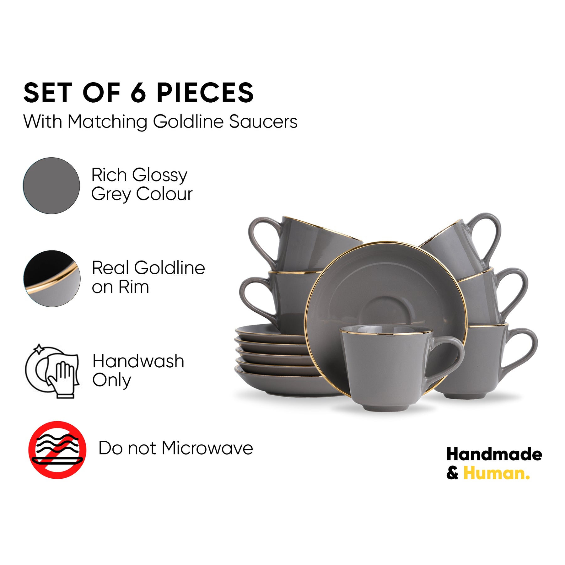 Shay Ceramic Tea Cup & Saucer Set – Set of 6 | Grey with Real Gold Line | 180ml