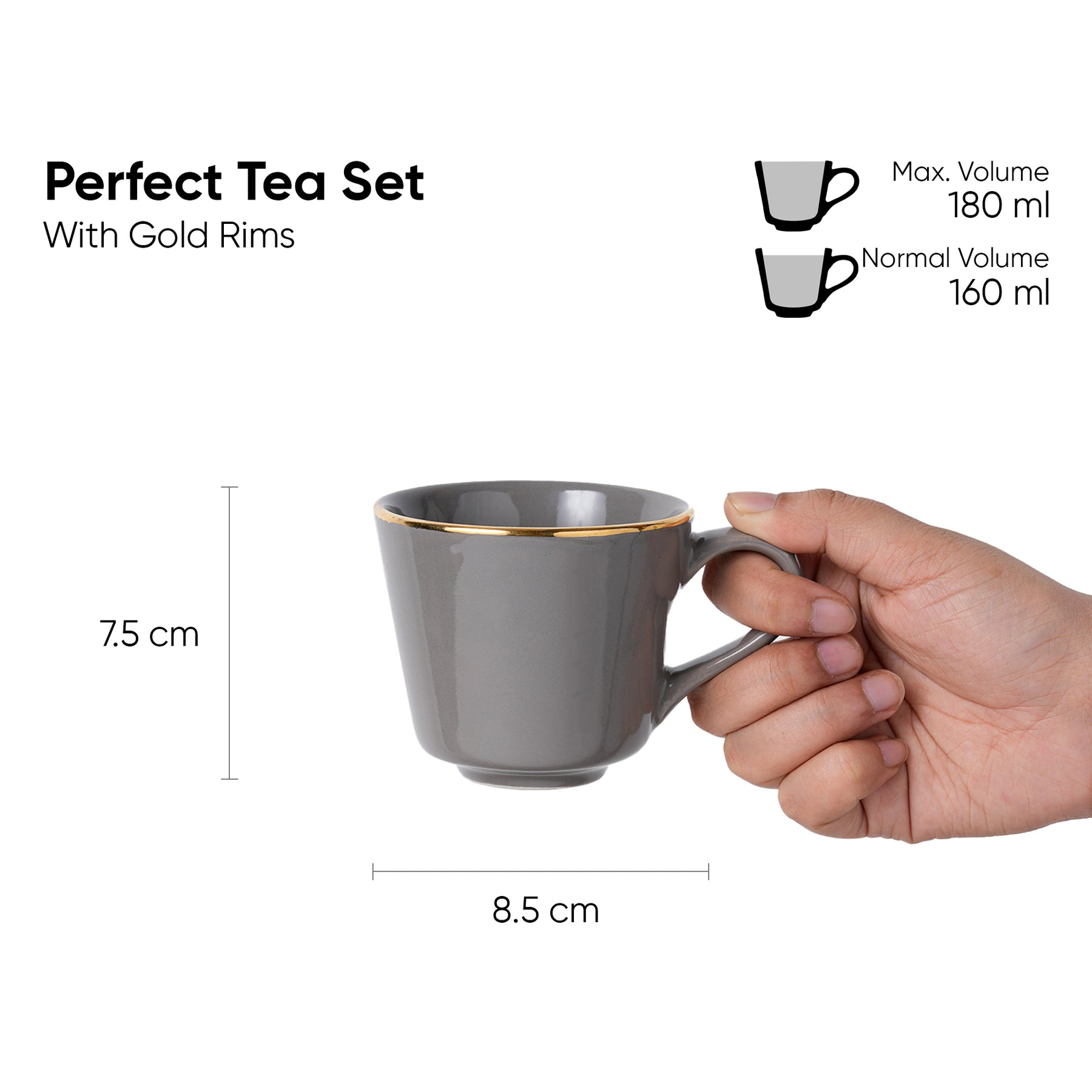 Shay Ceramic Tea Cup & Saucer Set – Set of 6 | Grey with Real Gold Line | 180ml